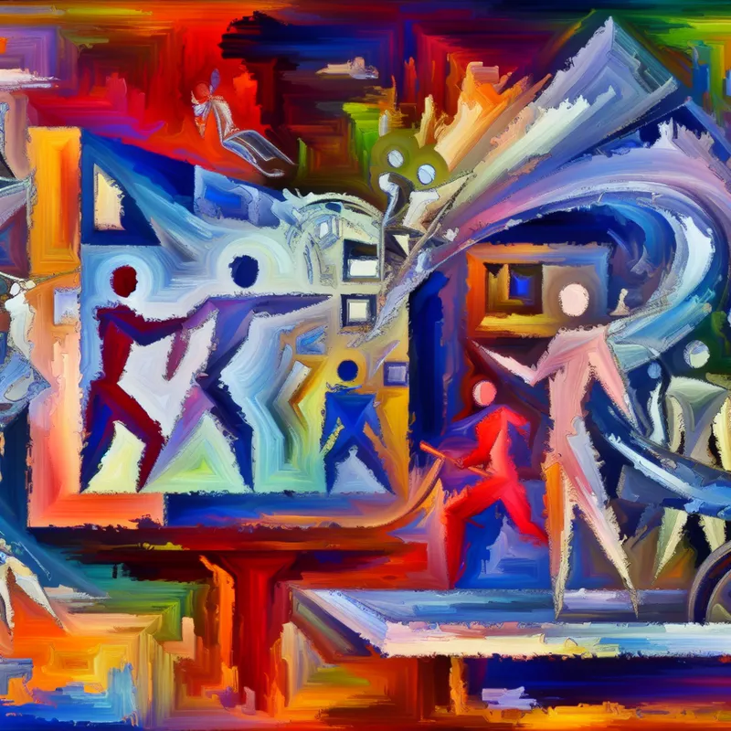 Abstracte representatie van de essentie van doelgerichtheid met figuren die steun en hulp symboliseren in een onderwijsomgeving.