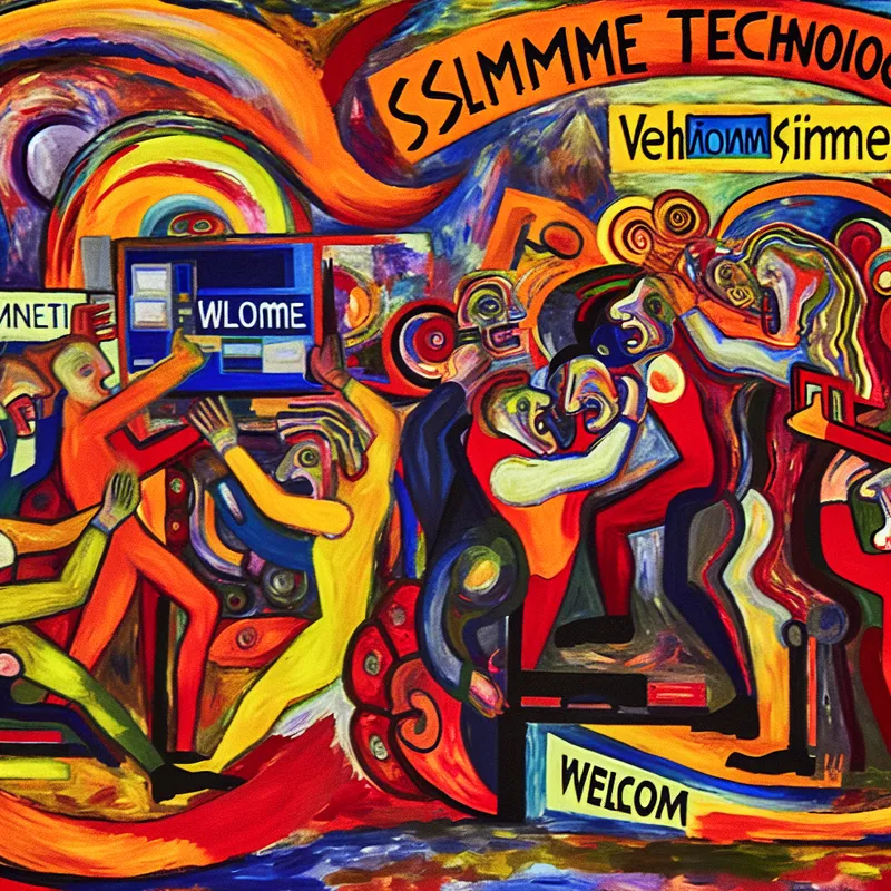Abstract expressionistisch kunstwerk met figuren die borden vasthouden met teksten 'Slimme Technologie' en 'Welkom', weergegeven in felle kleuren en dynamische penseelstreken.