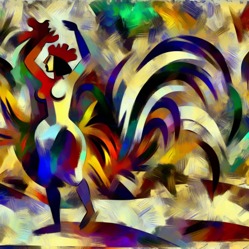 Abstracte expressieve compositie met een zelfverzekerd figuur in het midden, omgeven door levendige kleuren en chaotische vormen.