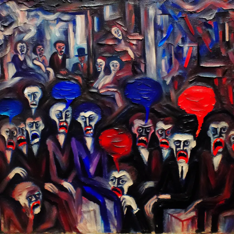 Abstract expressionist schilderij met mensen in een slecht verlichte kamer met sarcastische uitdrukkingen.
