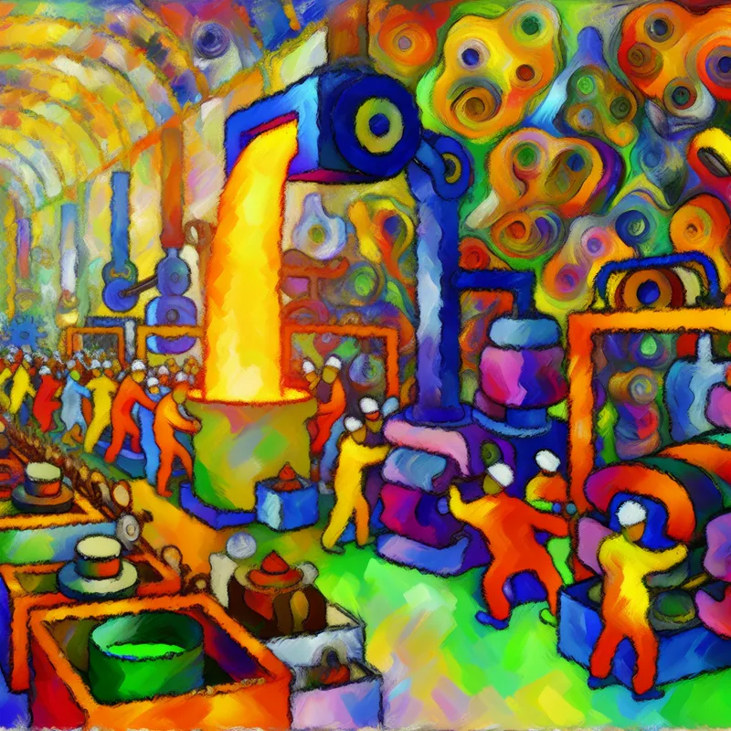 Een levendige en kleurige afbeelding van een groot abstract fabrieksdecor met vrolijke arbeiders, waarin gesmolten metaal in verschillende vormen wordt gegoten.