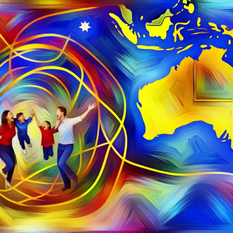 Dynamische abstracte scène van een gezin met een zus in Australië, met websymboliek en het Australische continent