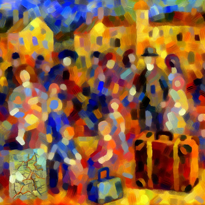 Abstract expressionistisch schilderij van een warme, chaotische familiescène met dynamische beweging en felle kleuren, symboliserend een hechte relatie tijdens een vakantievoorbereiding