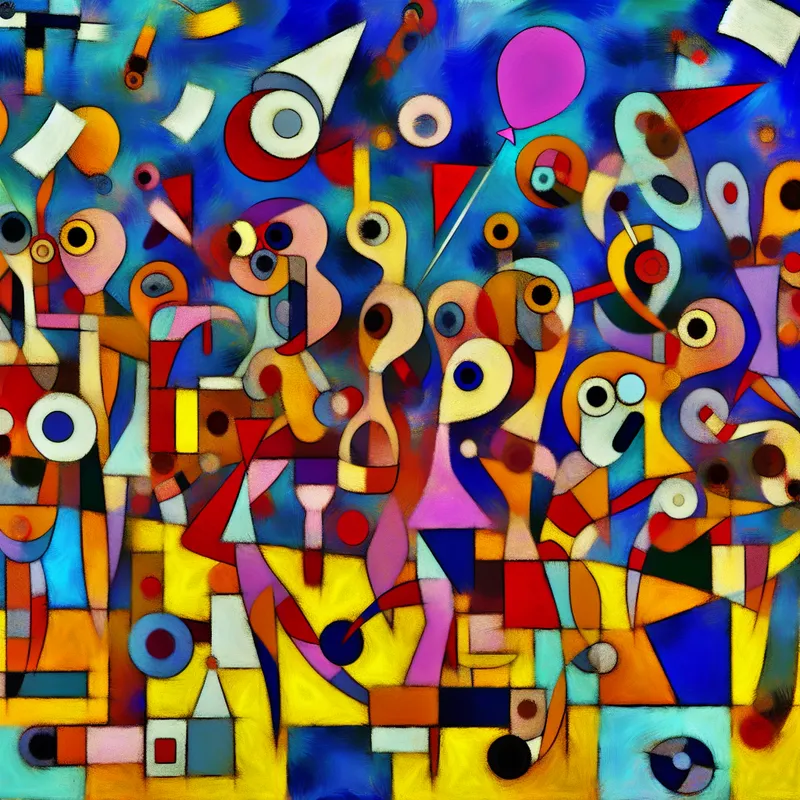 Abstracte weergave van een feest met dansende figuren en confetti, vol vreugde en humor.