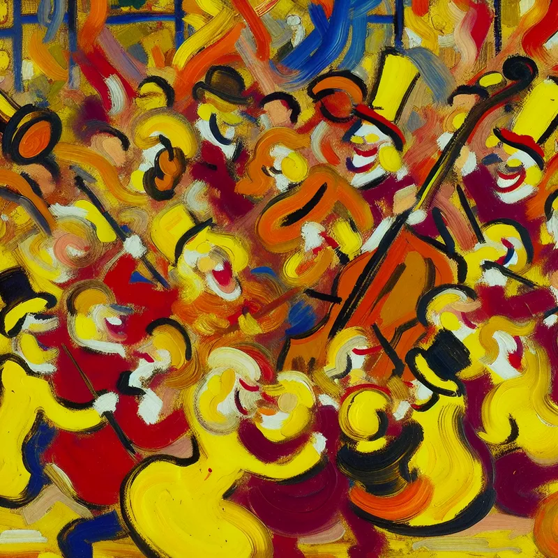 Abstract expressionistisch tafereel van vreugde en lachen op een feest met felle kleuren en energieke penseelstreken.