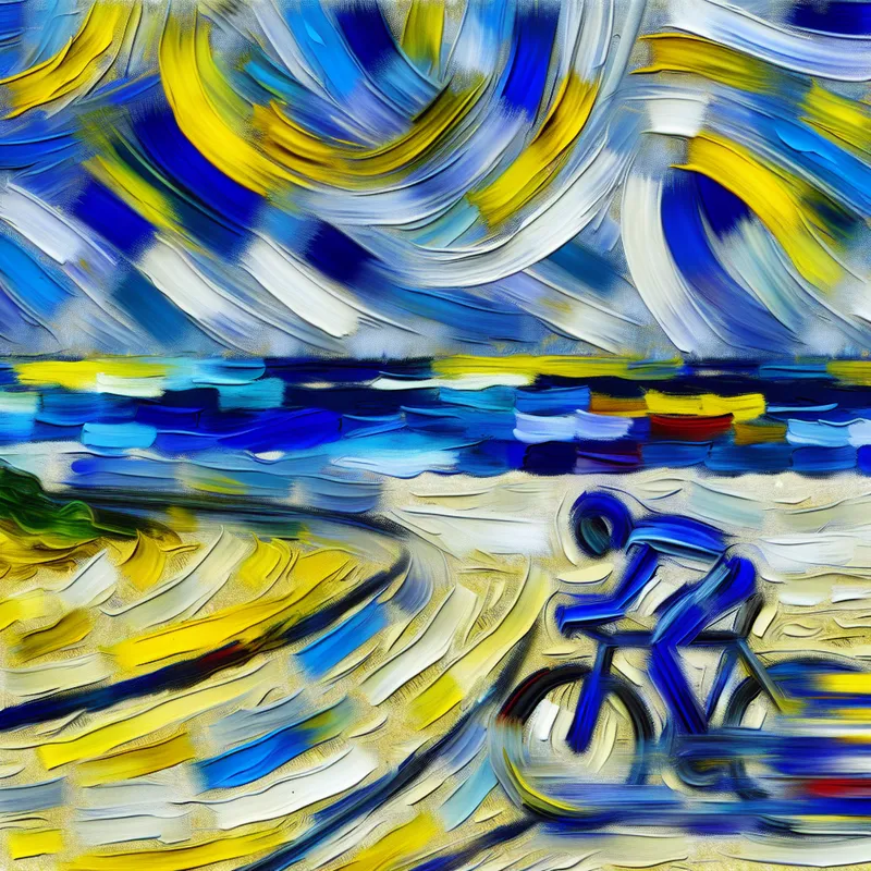 Abstract expressionistische voorstelling van een fietser in beweging naar een bestemming, met dynamische penseelstreken en levendige kleuren die snelheid en richting uitbeelden