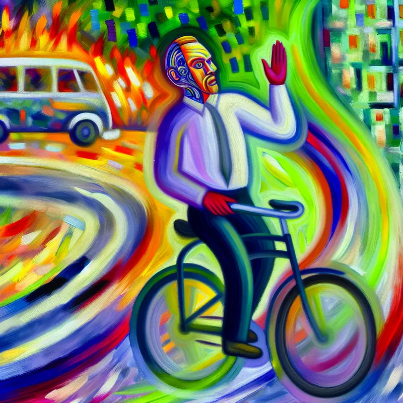 Abstracte uitdrukking van een mensfiguur op een fiets die met de linkerhand zwaait, tegen een chaotische achtergrond van kleuren en beweging.