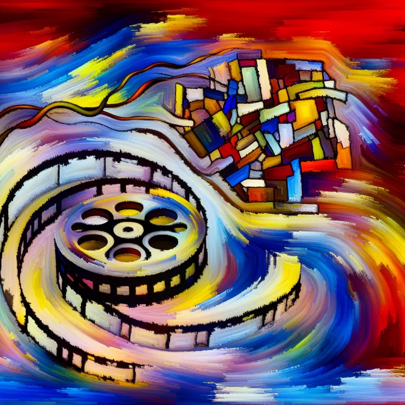 Abstracte weergave van een filmvertoning met een expressieve filmspoel en lagen van een abstracte taart, gekenmerkt door levendige kleuren en geometrische vormen.