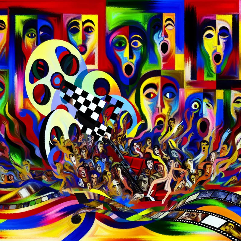 Abstracte compositie geïnspireerd door Karel Appel, toont een chaotische filmmenset met levendige kleuren en vervormde vormen zoals een uitrollende filmrol en schokkende gezichten.