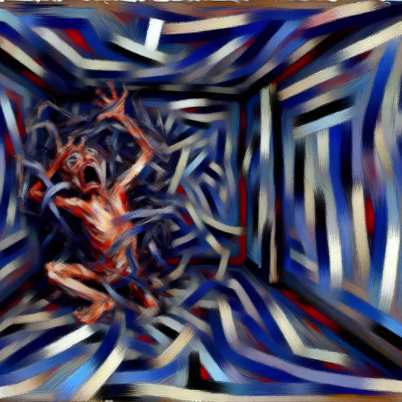Abstract expressionistisch schilderij van een persoon die overweldigd wordt door irrationele angst in een kleine, benauwde ruimte, met chaotische penseelstreken en intense kleuren