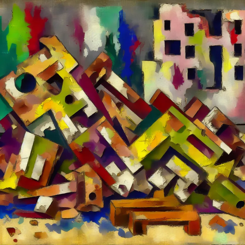Abstract schilderij van de overblijfselen van een gesloopte gebouw met felle kleuren en chaotische vormen van bakstenen en beton.