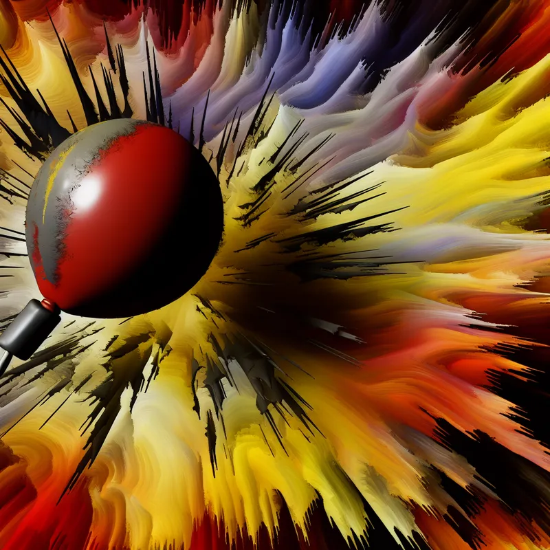 Abstract expressionistisch schilderij van een exploderende ballon die een plotseling hard geluid uitbeeldt, met felle kleuren en dynamische penseelstreken