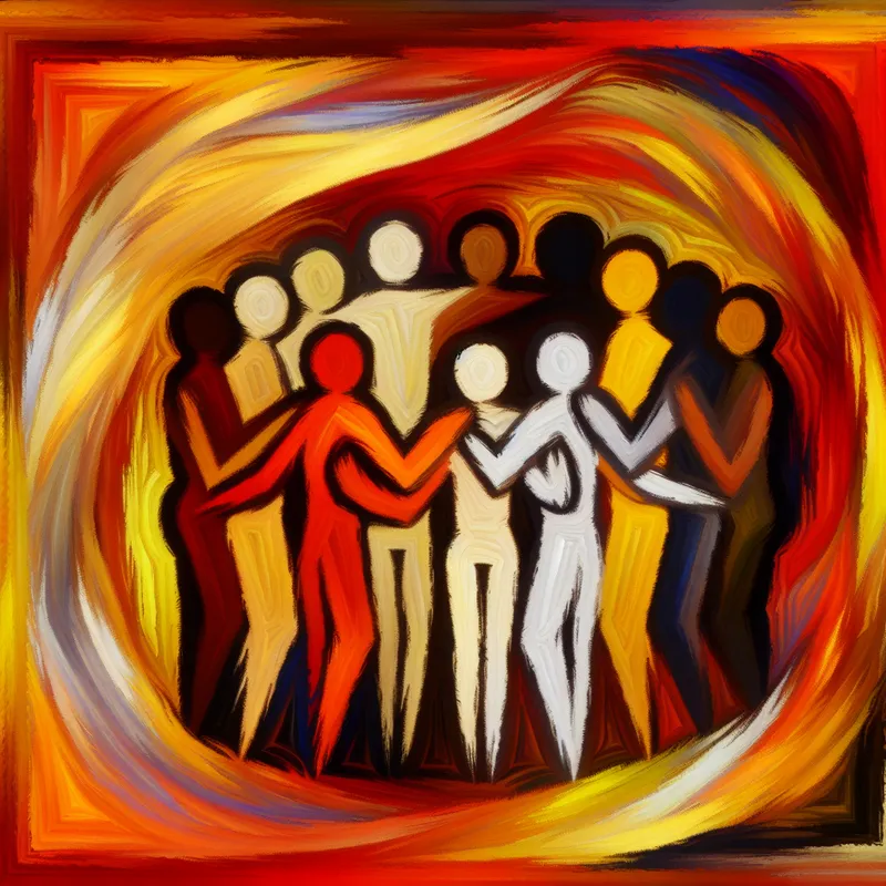 Abstract expressionistisch schilderij van een warme gemeenschap in een cirkel, met een centraal figuur die verwelkomd wordt, in warme kleuren en dynamische penseelstreken