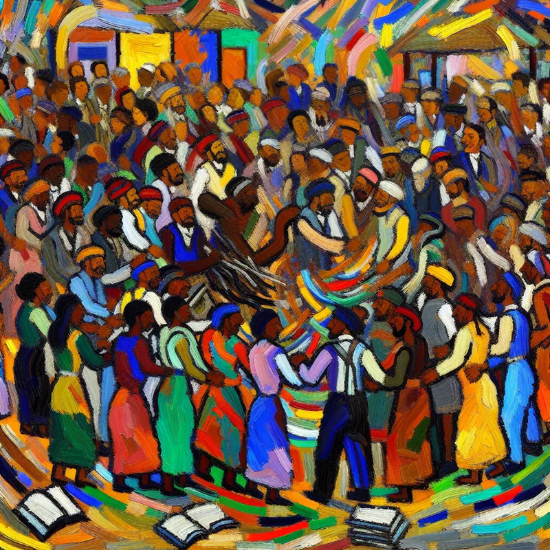 Abstracte expressieve scène van een diverse gemeenschap die handen vasthoudt in solidariteit ter ondersteuning van een school.