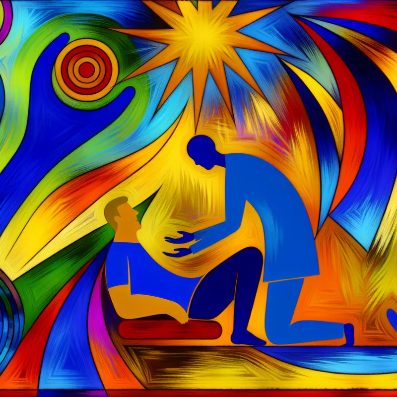 Abstract kunstwerk dat een gelukkige patiënt toont die een behandeling ontvangt, omringd door energieke vormen en kleuren die genezing symboliseren.