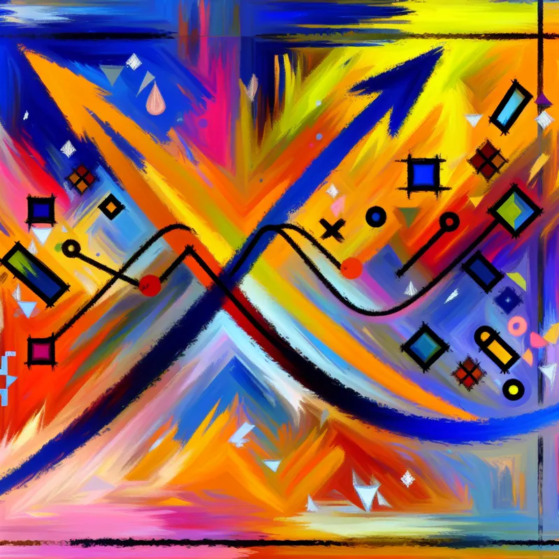 Abstracte weergave van een wiskundige grafiek met kleurrijke x- en y-assen en speelse geometrische vormen.