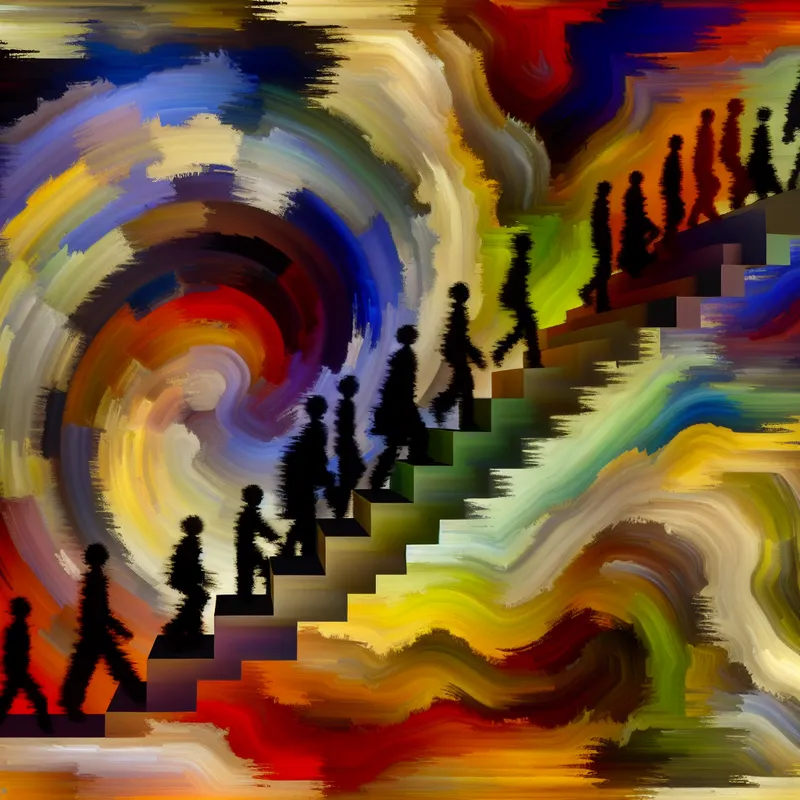 Abstracte representatie van groei en vooruitgang met een kleurrijke trap en stijgende silhouetten van figuren