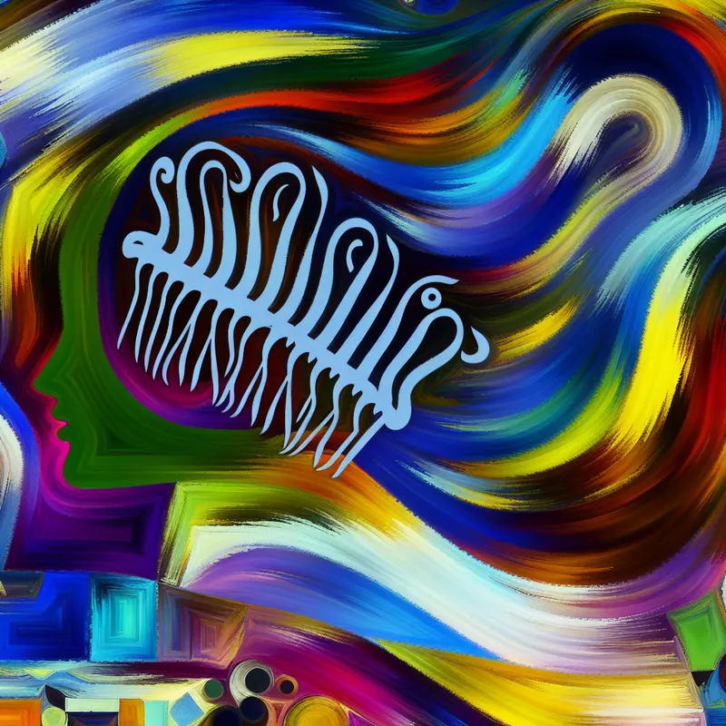 Vibrant abstracte compositie met een haaraccessoire die lijkt op een kam met gebogen tanden, omringd door zwierige penseelstreken en dynamische kleuren.