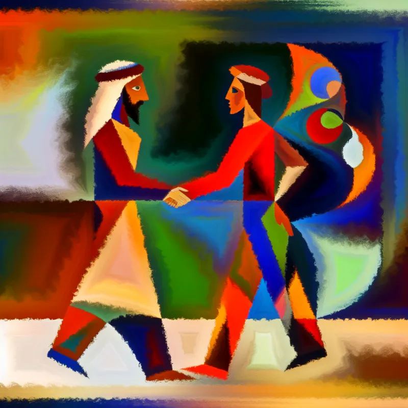 Abstracte scène met twee mensen die elkaar begroeten met een handdruk in de stijl van Karel Appel