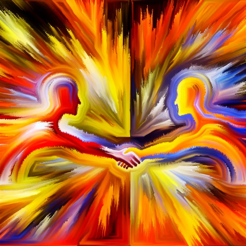 Abstracte uitdrukking van een handdruk tussen twee figuren met kleurrijke achtergrond.