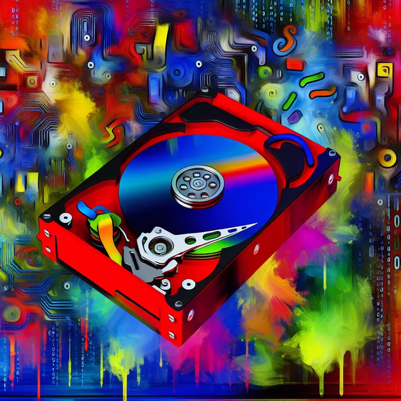 Abstracte digitale illustratie van een harde schijf (harde bus) met levendige kleuren en speelse elektronische onderdelen in de stijl van Karel Appel