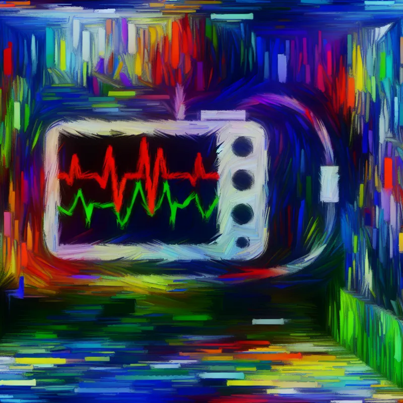 Abstracte afbeelding van een hartmonitor met pulserende lijnen en levendige kleuren, omgeven door chaotische vormen die de energie van gegevensoverdracht symboliseren.