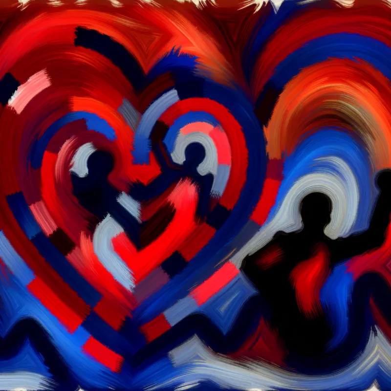 Abstract expressionistische compositie die het concept van een hartslag uitbeeldt met agressieve penseelstreken in rood en blauw.