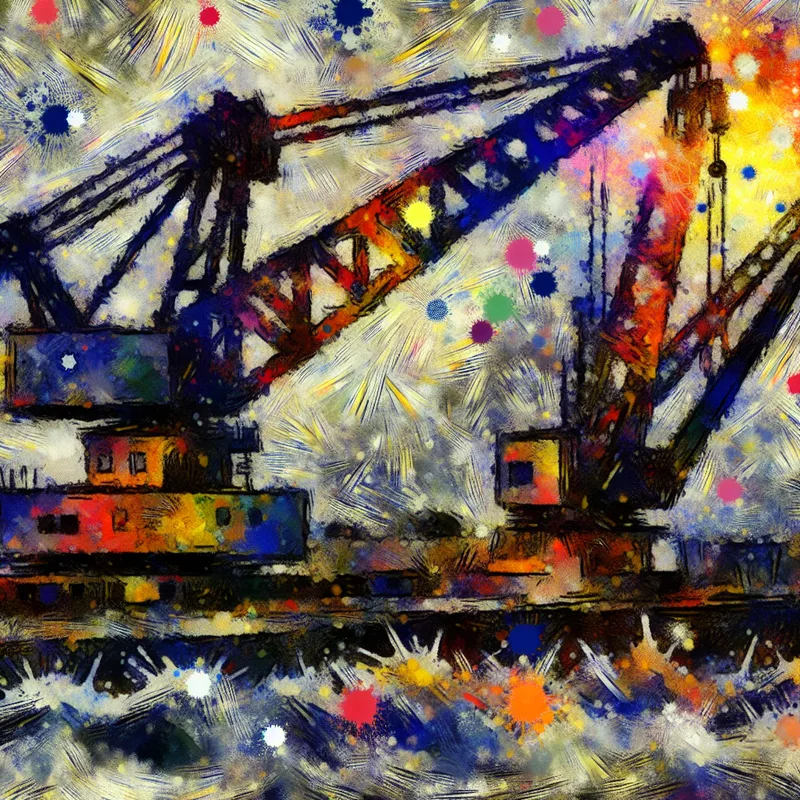 Abstract expressionistisch schilderij van een bouwplaats met een grote, kleurrijke hijskraan die zware materialen omhoog tilt