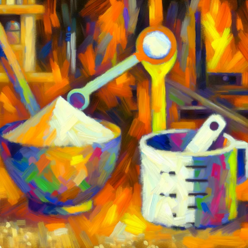 Abstracte stilleven van Karel Appel met mengkom, maatbeker met suiker en medicijnlepel die het concept 'hoeveelheid' uitbeelden in recepten en medicatie