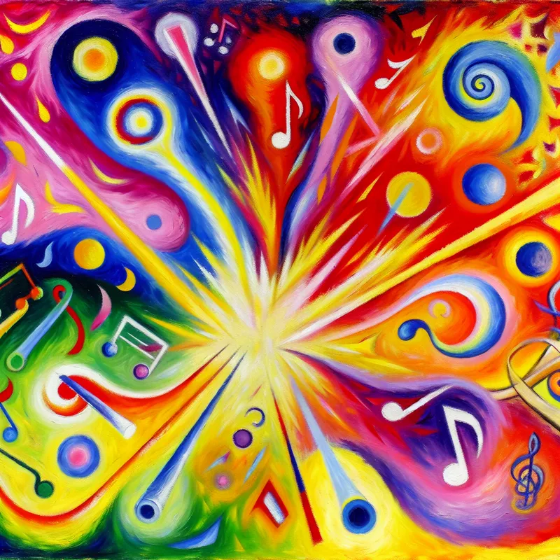 Abstracte voorstelling van hoge frequentiegeluiden met levendige kleuren en speelse muzieksymbolen.