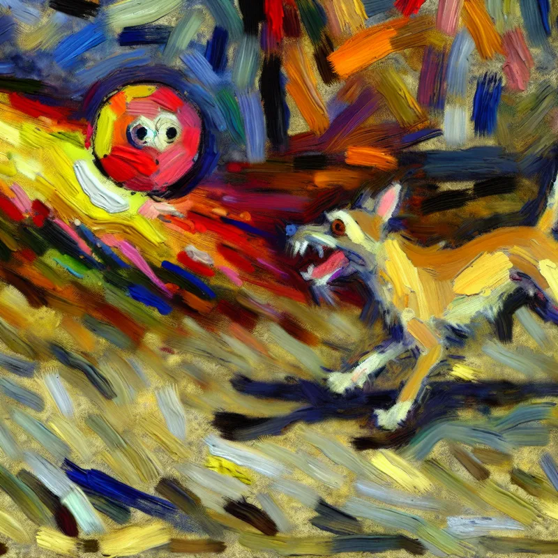 Abstract expressionistisch schilderij van een energieke hond die een felgekleurde bal achtervolgt met wervelende bewegingen