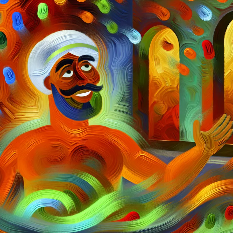 Abstracte voorstelling van een huidscrubbehandeling in een sauna, met kleurrijke penseelstreken die het exfoliëren van de huid benadrukken