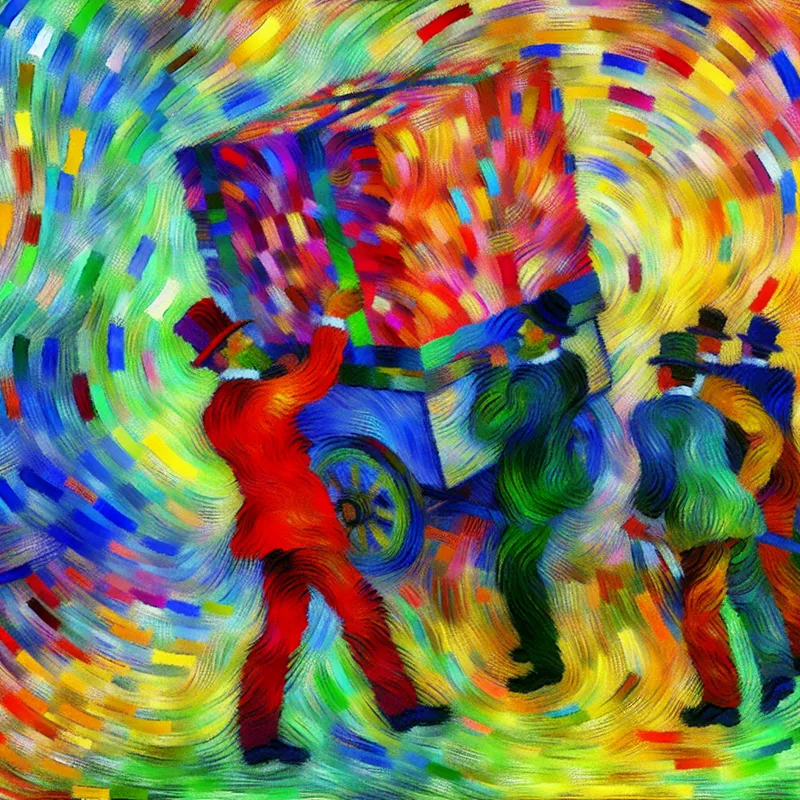 Twee figuren helpen elkaar met een grote kleurrijke doos in expressieve stijl van Karel Appel, symbool voor hulp en ondersteuning