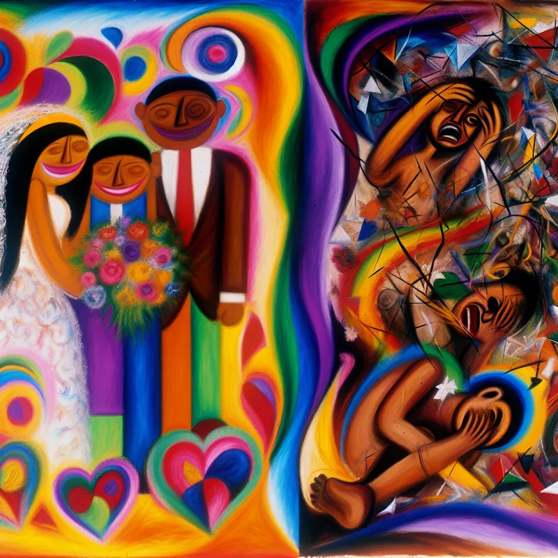 Abstracte weergave van de tegenstellingen in een huwelijk, met blije kleuren aan de ene kant en donkere, chaotische elementen aan de andere kant.
