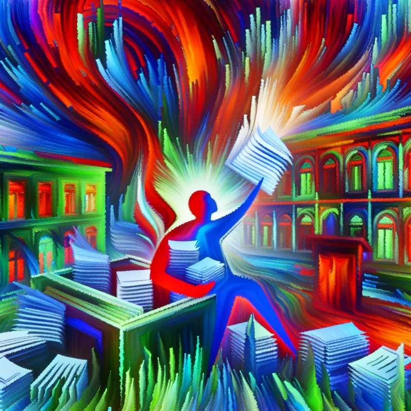 Abstracte afbeelding van een persoon die energiek documenten indient bij een administratiekantoor, met levendige kleuren en een speelse stijl.