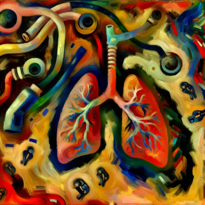 Abstract expressionistisch schilderij van het menselijke ademhalingssysteem weergegeven als een kleurrijk en complex apparaat.
