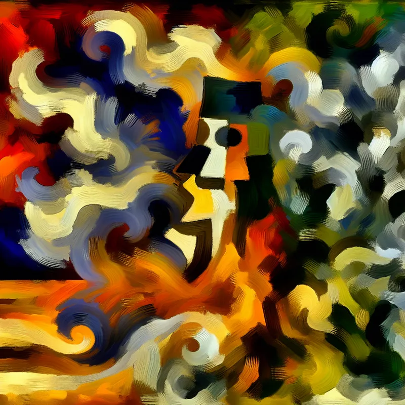 Abstract expressionistisch kunstwerk dat de kracht van invloed of macht uitbeeldt, met chaotische vormen die overgaan in een duidelijke structuur zoals een hamer of document