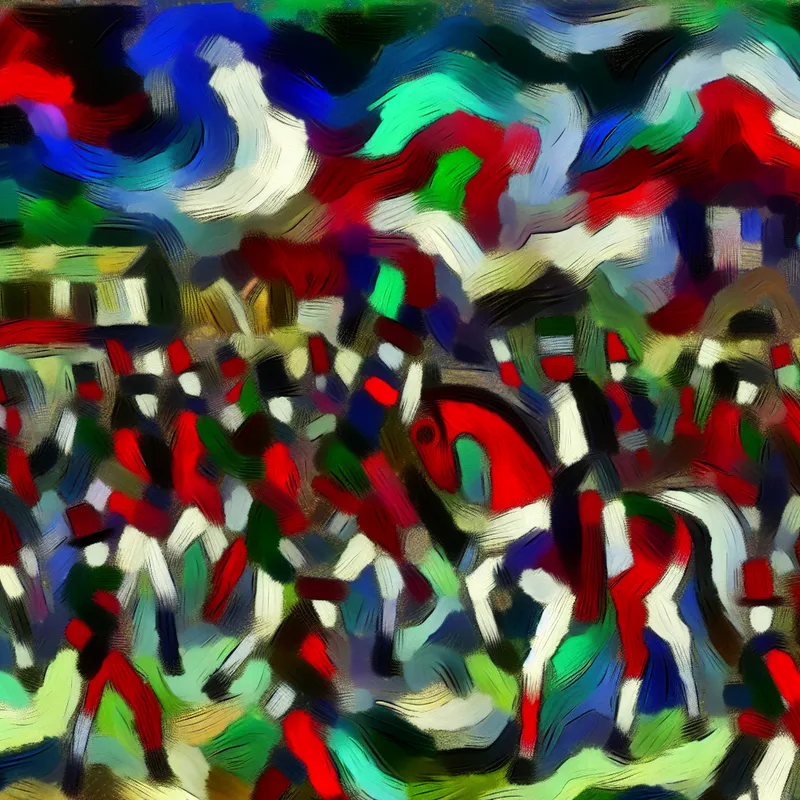 Abstracte voorstelling van de Iraanse Revolutie met levendige kleuren en dynamische vormen die vrijheid en verandering symboliseren.