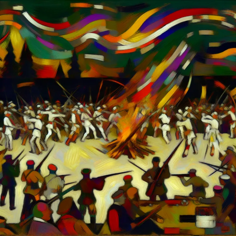 Abstracte uitdrukking van een jachtpartij met mensen die pijl en boog gebruiken en over strategieën discussiëren bij een kampvuur