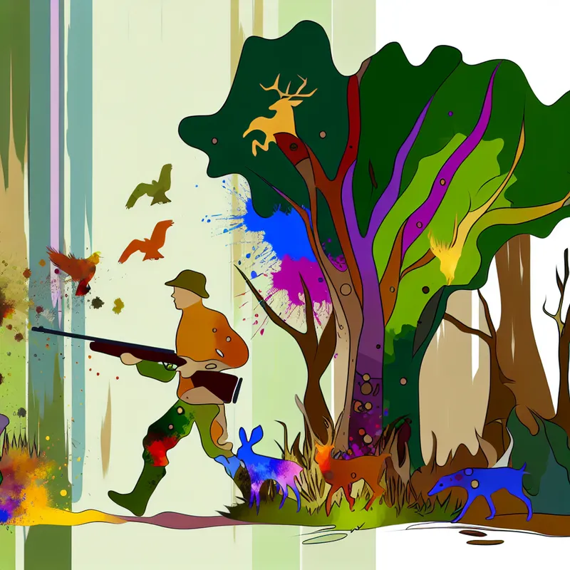 Een abstracte afbeelding van een jager in een kleurrijk bos met dieren