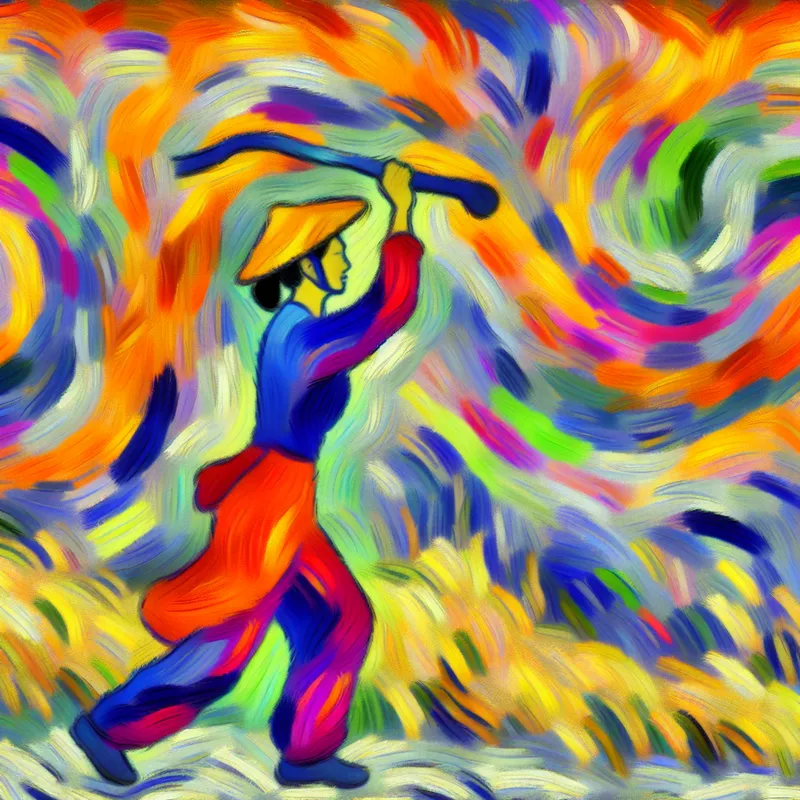 Abstracte scène van een jogger omringd door kleurrijke vormen in Karel Appel-stijl