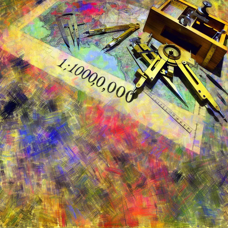 Abstracte compositie van een grote kaart op een tafel vol tekengereedschappen, met een zichtbare schaal van 1:100.000.