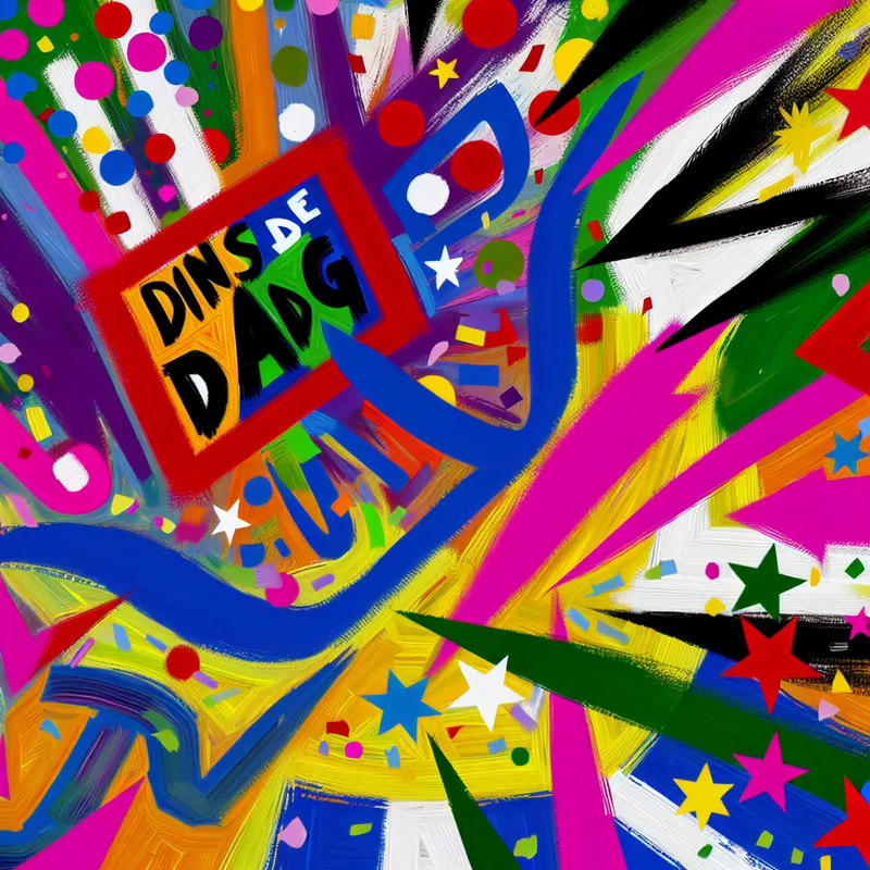 Abstracte illustratie van een speelse kalenderpagina met kleurrijke cijfers en vormen, die dinsdag de vijfde dag van de maand benadrukt in de stijl van Karel Appel