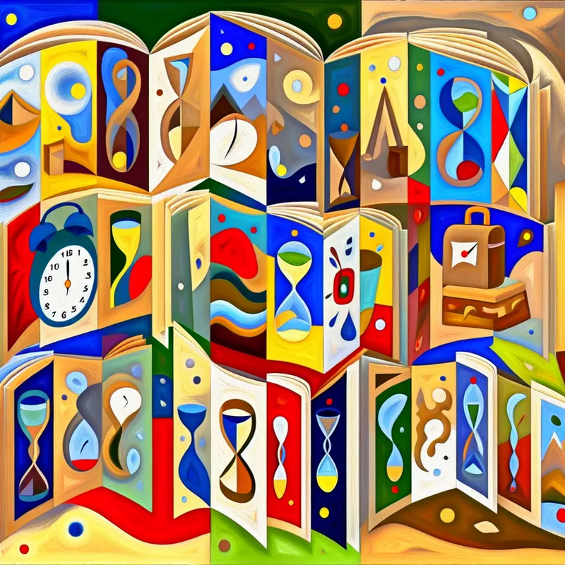 Abstracte afbeelding van een kalenderblad dat door data omslaat, met kleurrijke illustraties van activiteiten zoals het inpakken van een koffer en een strandscène.