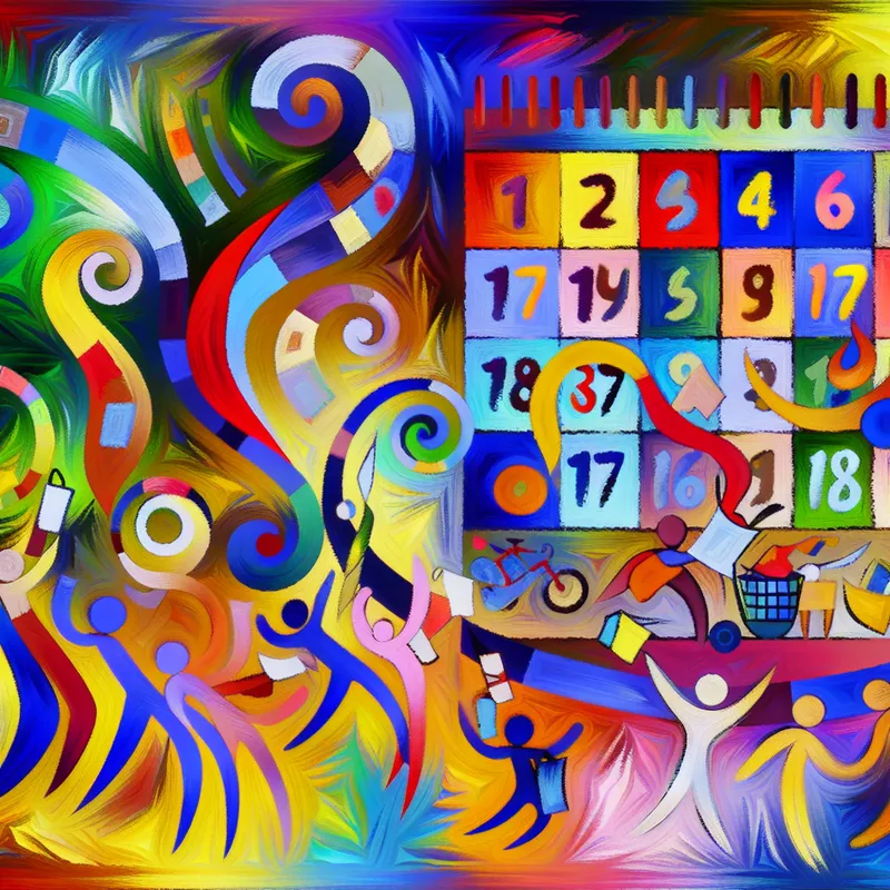 Vibrante abstracte afbeelding van een kleurrijke kalender die tijd symboliseert met elke dag weergegeven als grote nummers en omringd door energieke, abstracte figuren.