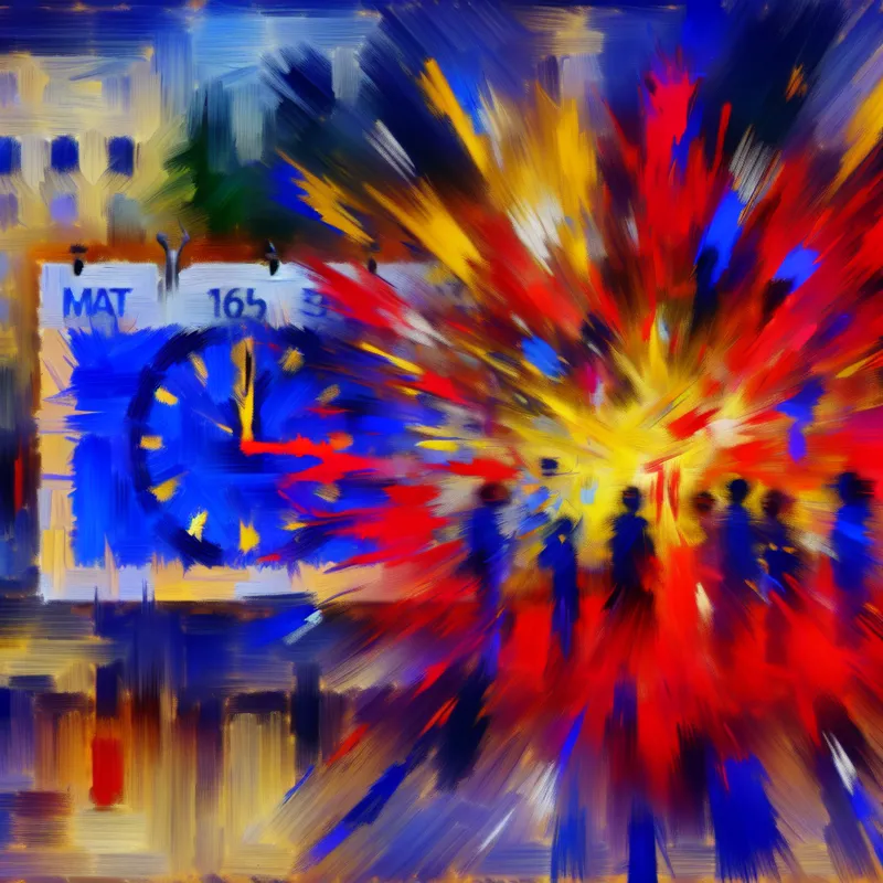 Abstracte weergave van een kalender met een gemarkeerde datum voor een vergadering, omringd door dynamische en kleurrijke elementen in de stijl van Willem de Kooning