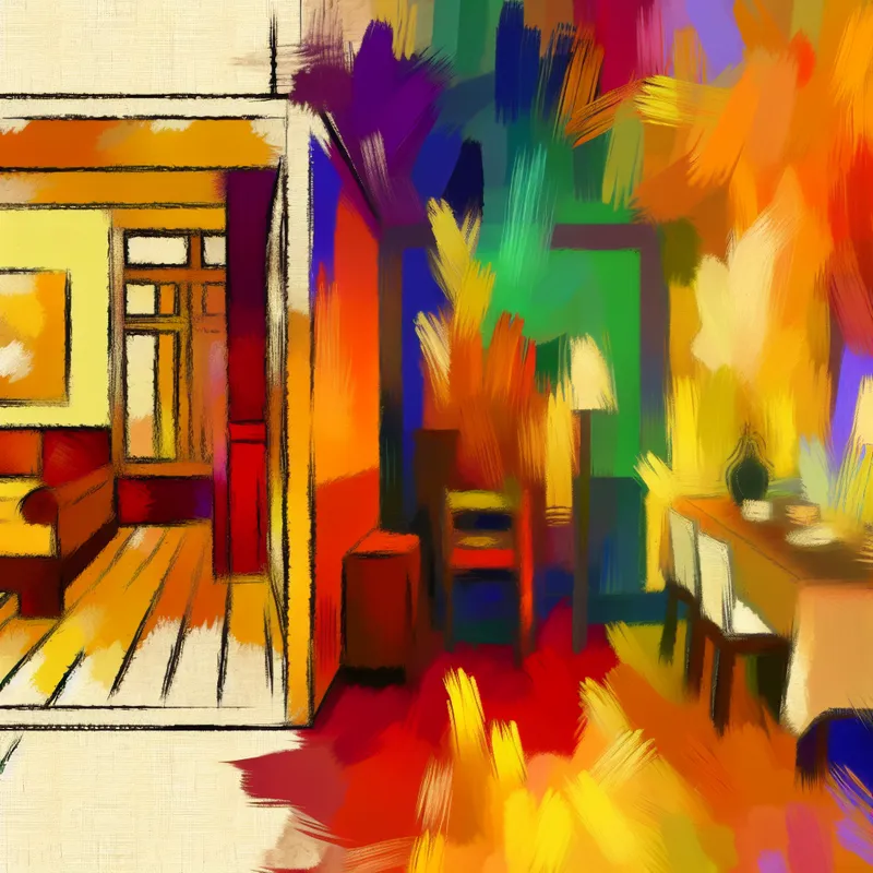 Abstracte expressie van een kamer met een gedurfde, kleurrijke muur die een gezellige woonkamer scheidt van een eetruimte.