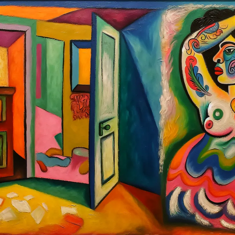 Abstracte kleurrijke scène van een kamer met een prominente deur aan de linkerkant en een levendige afbeelding van de linkerarm van een vrouw met een gedurfde tattoo