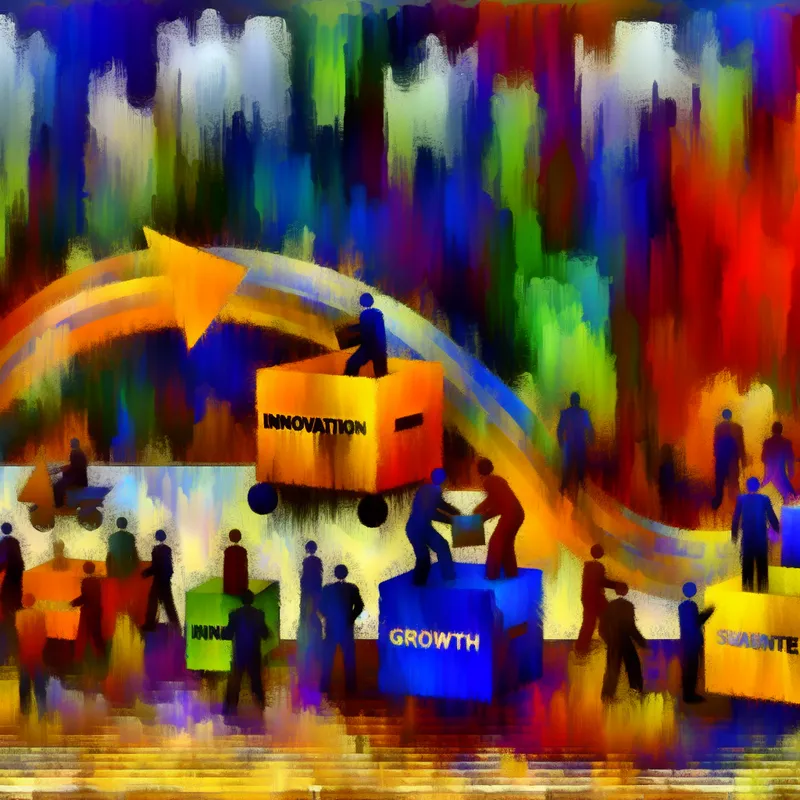 Abstracte kleurrijke afbeelding van een veranderende kantooromgeving met medewerkers en blokken voor innovatie en groei.