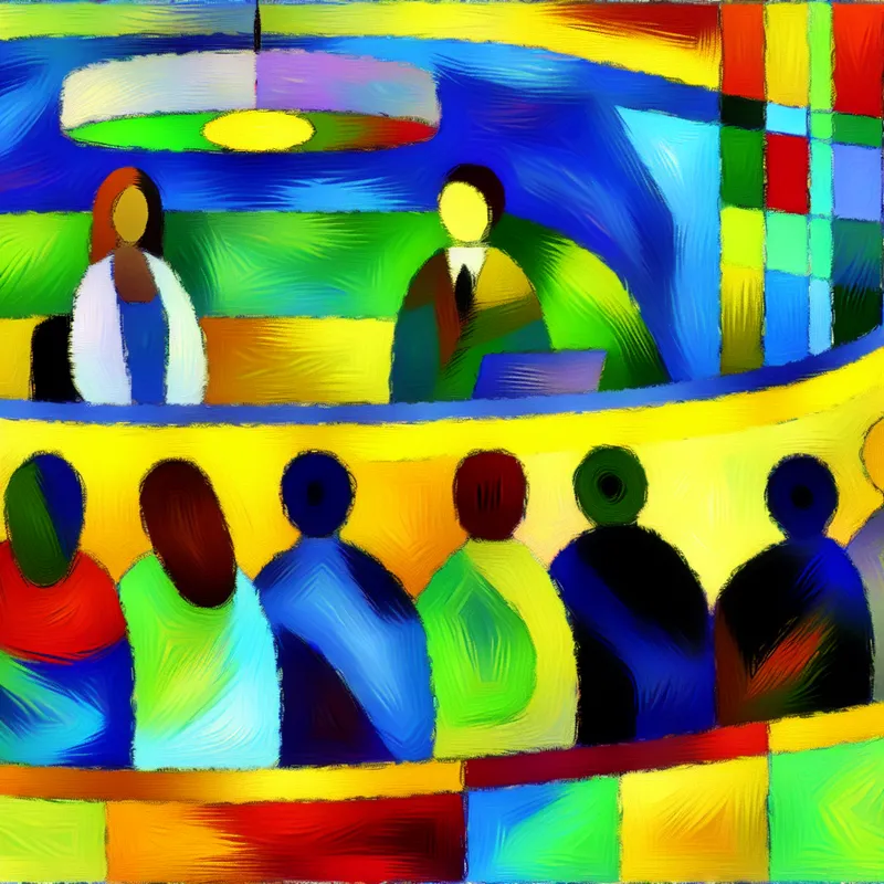 Abstracte ontvangstbalie in een kleurrijk kantoor met diverse mensen die wachten op hulp.